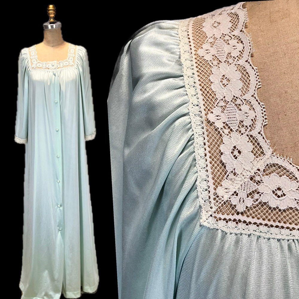 VINTAGE icy aqua house dress robe dressing gown button front lace maxi 70s‎ 80s